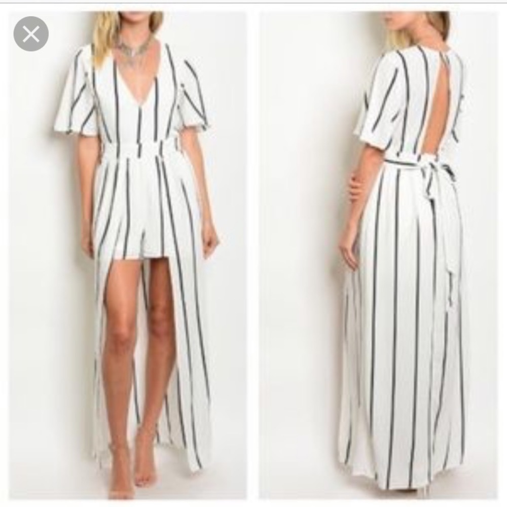 White & Black Stripe Romper with Maxi Skirt